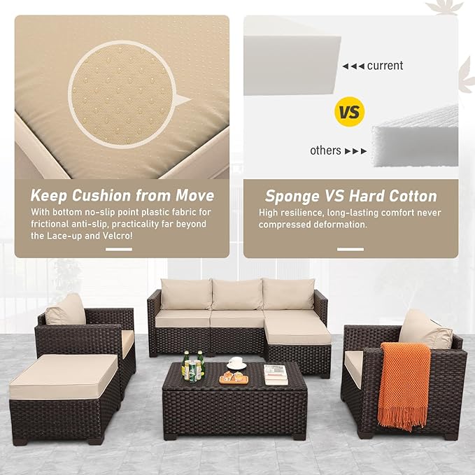 6 Pieces Patio Outdoor Furniture Outdoor Conversation Sets Wicker Sofa Set with Outdoor Couch Patio Chairs Storage Coffee Table Khaki Cushions Waterproof Covers