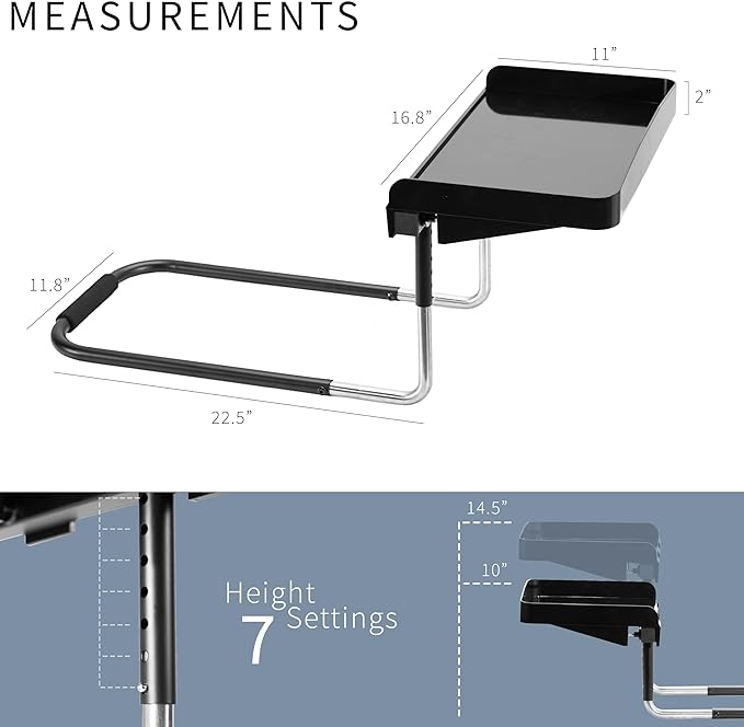 Height Adjustable Under Mattress 17 inch Bedside Shelf, Works with Lofts and Beds Without Frames, Heavy Duty Storage Tray, Fits Laptops, Books, and Drinks, Nightstand Alternative, Black - Image 2