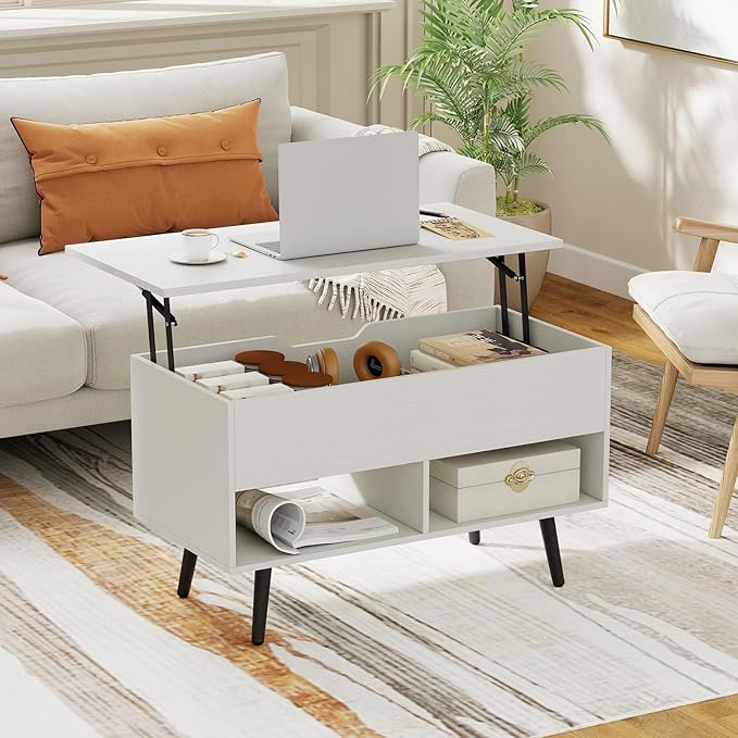 Tangkula Lift Top Coffee Table, Modern Cocktail Table with Hidden Compartment & 2 Open Shelves, Flip Top Center Table, Wooden Pull up Coffee Table for Living Room, Reception Room, Office (White)