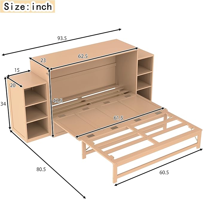 Bellemave Queen Size Murphy Bed, Cabinet Bed with 2 Shelves and Storage Drawers, Farmhouse Murphy Cabinet, Noisy Free, for Guest Bedroom, Living Room, Office, Golden
