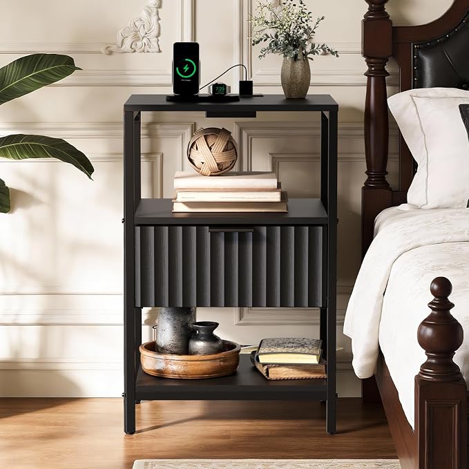 Bonnlo Fluted Nightstand with Charging Station, End Table with Fabric Drawer, Night Stand with Storage Shelf & Handle, Fluted Side Table for Bedroom/Living Room, Black - Image 9