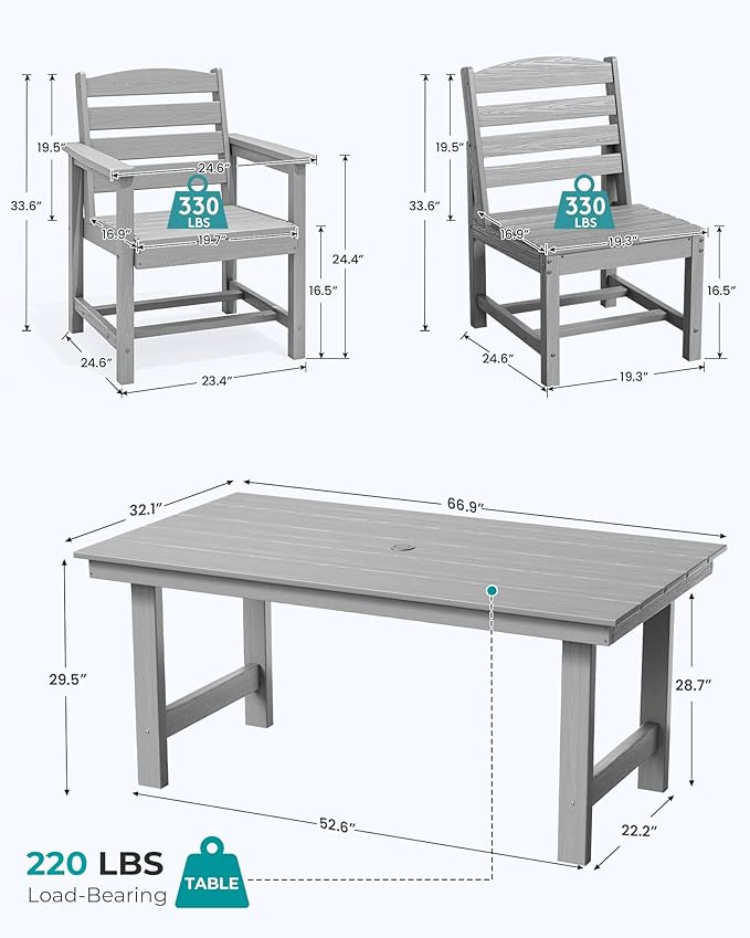 SERWALL Patio Dining Sets for 10 Person, HDPE Dining Set with 2 Tables, 8 Armless Chairs and 2 Armed Dining Chairs, Light Gray - Image 4