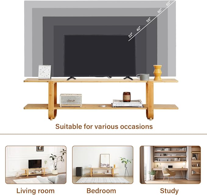 Welnow Low Bamboo TV Stand for Up to 65 Inch, Small Mid Century Modern Entertainment Center with 2-Tier Open Shelves, Natural Media Console Table for Living Room, Bedroom - Image 4