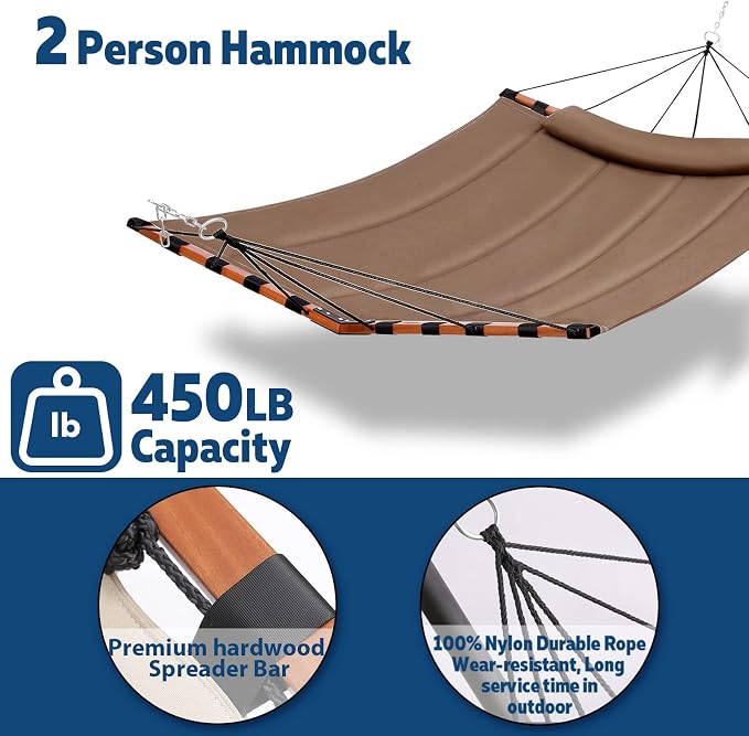 TegerDeger 12FT 2 Person Hammock Large Hammock 450LB Capacity with V Shaped Hardwood Spreader Bar & Nylon Rope for Outside, Patio, Garden, Backyard, Beach, Poolside - Brown - Image 4