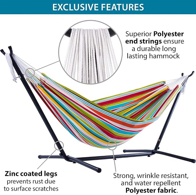 Vivere Double Polyester Easy Assemble Outdoor Hammock with Steel Stand, Ciao - Image 5