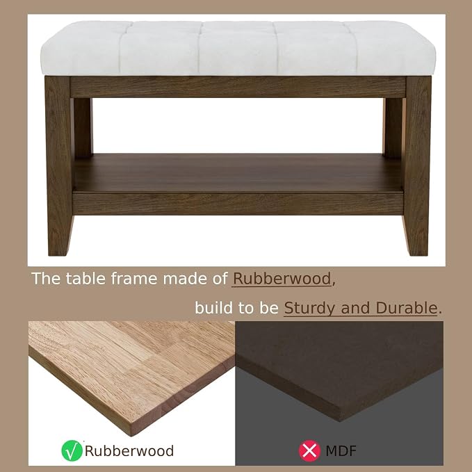 ABHENG Solid Rubber Wood Shoe Bench, Soft Chenille Material Upholstered Seat, 770LB Load Capacity, Multi-Storage for Entryway/Bedroom/Living Room, Vintage Style, 31.5"x15.7"x17.7", White,UASND66W - Image 3