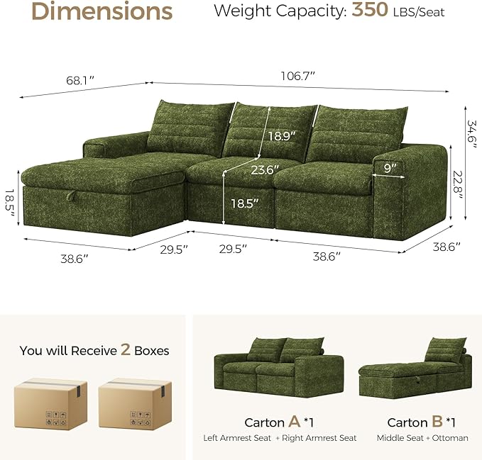 106.7" Modular Sectional Sofa with Deep Seat, Upholstery L Shaped Cloud Couch for Living Room, 3-Seater Modern Boneless Sofa with Movable Ottomans, Removable Cover, No Assembly Required