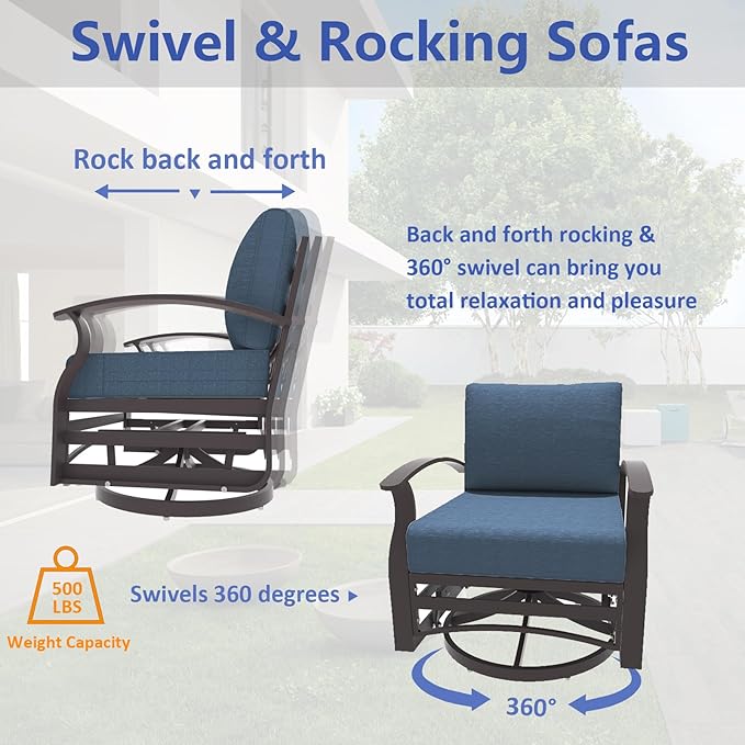 ALAULM Aluminum Patio Furniture Set with Propane Fire Pit Table - 10-seat Metal Outdoor Furniture w/Fire Pit Patio Sectional w/5.1" Cushions for Backyard, Poolside - Dark Blue