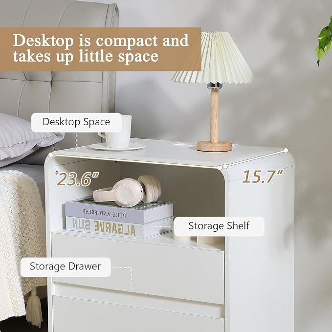 Modern Nightstands with Charging Station, White Night Stand with 2 Drawers, Wood End Table with Storage, 23.6'' Wide Bedside Cabinet for Bedroom - Image 5