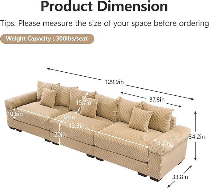 KEIKI 130" Oversized Corduroy Modular Cloud Sectional Sofa with High-Density Foam Cushions, Extra-Thick Armrest, Upholstered Modern 3-Seater Fluffy Corner Couch with 9 Pillow, for Living Room, Camel