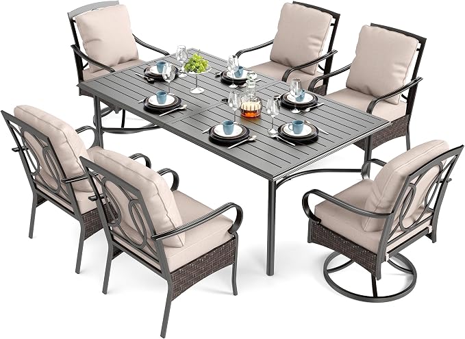 SUNSHINE VALLEY 7 Piece Patio Dining Set for 6, Outdoor Table and Chairs with Cushioned Wicker Swivel & Leg Patio Chairs & Black Dining Table (1.57-1.9”Umbrella Hole), Outdoor Dining Sets for Backyard - Image 9