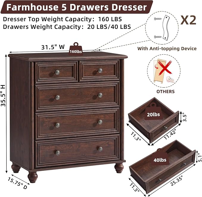 RWYHG Farmhouse 5 Drawer Dresser Set of 2 for Bedroom, 35.5" Walnut Tall Small Dressers & Chest of Drawers, Rustic Wood Dresser with Roman Column, Storage Organizer for Living Room, Hallway, Closet - Image 2
