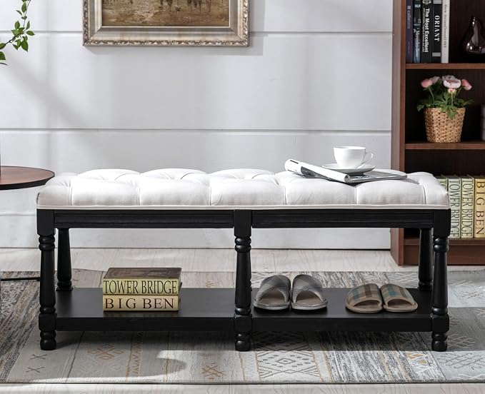 Kmax Storage Entryway Bench Tufted Shoe Rack Bench Black Wood Window Bench for Hallway Entrance Bedroom Corner, Beige - Image 3