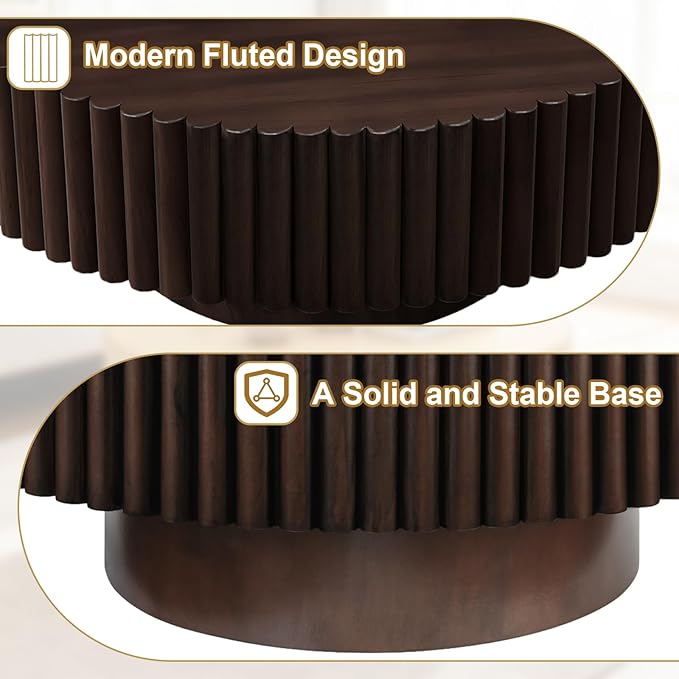 Rovibek Fluted Round Coffee Table, 31.5" Modern Wooden Coffee Table with Fluted Base, Circle Accent Center Table for Living Room Apartment Office Small Space, Easy Assembly (Brown)
