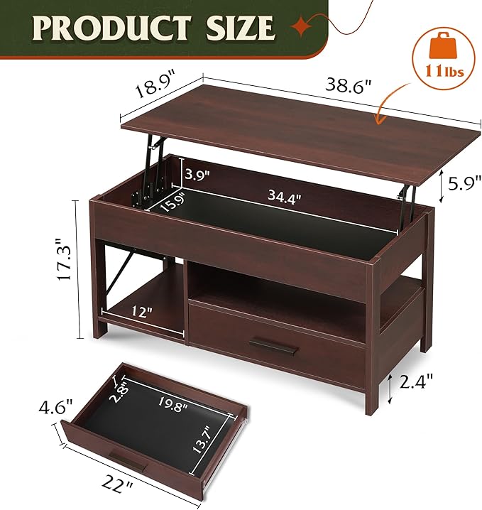 WLIVE Coffee Table, 39" Lift Top Coffee Table with Hidden Compartment, Storage Drawers and Storage Shelf for Living Room, Reception Room, Espresso