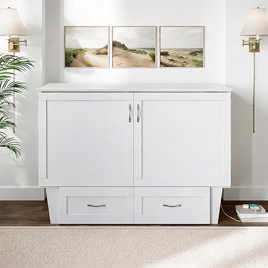 AFI, Chelsea Mid-Century Modern Full Wood Murphy Bed Chest with 6" Mattress, Storage Drawer & Built-in USB Charger, White