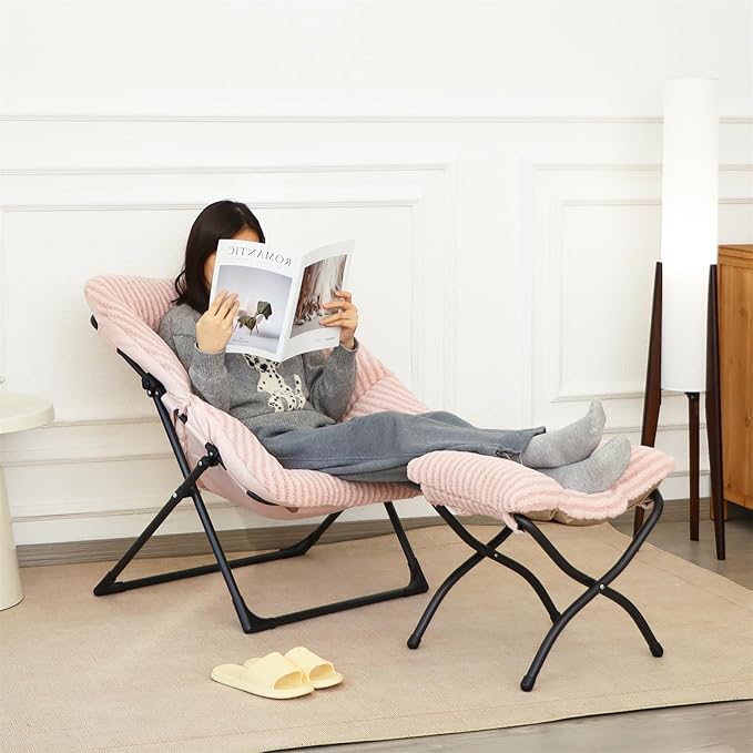 Comfy Saucer Chair for Adults, Soft Faux Fur Bedroom Chair, Accent Dorm Chairs, Flexible Living Room Reading Chairs, Oversized Folding Seat for Teens, X-Large, Stripe Pink