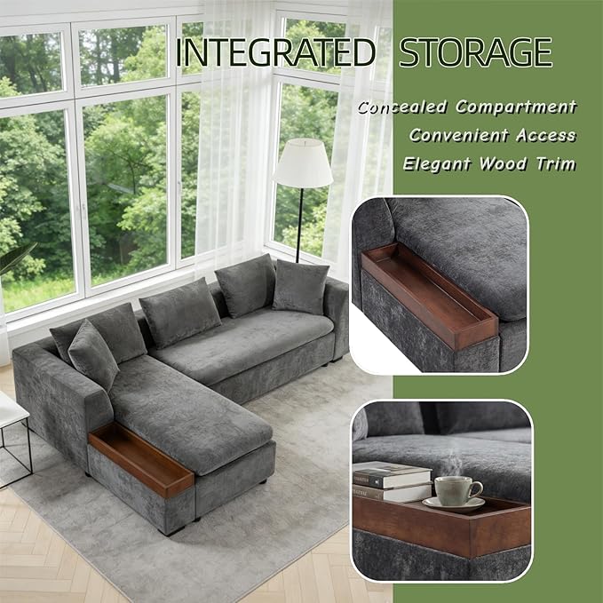 93.7" L-Shaped Sectional Sofa with Storage Chaise, Modern Couch for Living Room, Chenille Upholstered Couch with Deep Seats & Throw Pillows, Modern Corner Sofa for Living Room, Brown