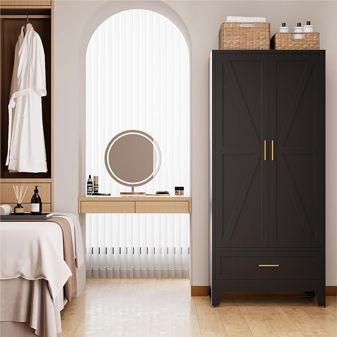 71" Tall Metal Armoire Wardrobe Closet,17.7" Deep By 31.5" Wide Portable Closet for Hanging Clothes,Wardrobe Cabinet with Drawer and Shelve for Bedroom Office Garage,Black 1 Pack