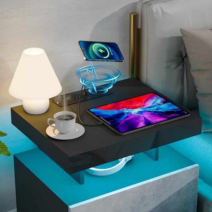 HOMMPA LED Nightstand Set of 2, Night Stand with Wireless Charging Station & USB Ports, High Gloss Bedside Table with LED Light Adjustable Brightness, Smart Nightstand 2 Drawers for Bedroom Grey - Image 3