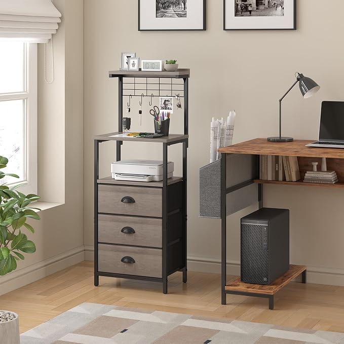 sthmec Bedside Tall Nightstands with Charging Station, LED Bedside Table for Bedroom - 3 PU Fabric Drawers, Hooks, USB/Type-C Ports & Open Bedside Shelves, Grey - Image 5