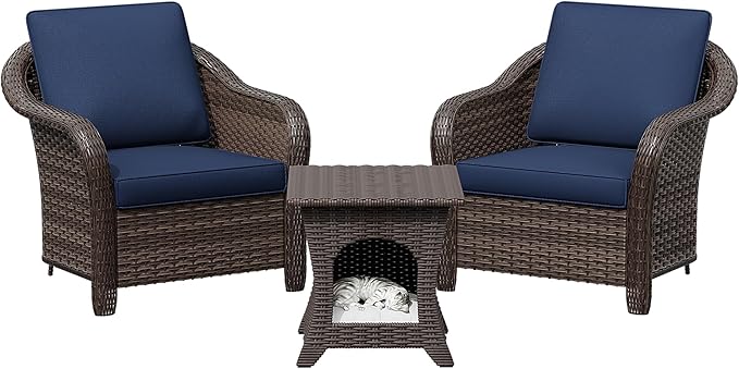 Patio PE Rattan Chairs Set of 2 with Cat Nest End Table, All-Weather & Steel Frame Outdoor Conversation Furniture Set with Washable Cushions for Garden, Bistro, Deck, Yard (Navy Blue)