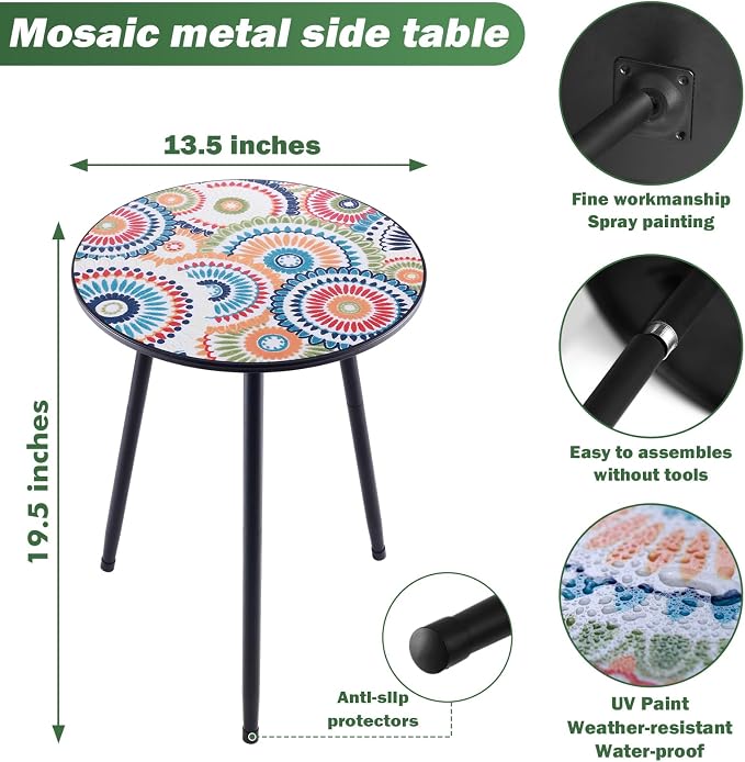 Party Zealot Metal Mosaic Round Side Table Set of Two 13.4" Small Outdoor Patio Round Accent Coffee Tables Indoor Corner Stand for Small Space Weather-Resistant for Balcony Plant Stand - Image 3