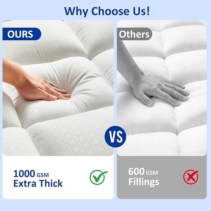 Queen Size Mattress Topper for Back Pain, Soft Extra Thick Pillow Top Mattress Pad Cover with 1000GSM Down Alternative Filler, Cooling Breathable Plush Bed Topper Protector (8-21" Deep Pocket)