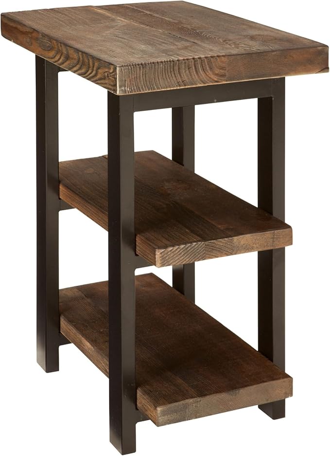 Alaterre Furniture Pomona Living Room Tables – 3-Tier Solid Wood End Table with Metal Legs & Storage Shelves – Modern Rustic Industrial Space-Saving Side Table or Nightstand (Rustic Brown)