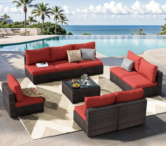 Patio Furniture Set 9 Piece All Weather PE Rattan Outdoor Sectional Sofa Couch with 8 x armless Sofa, No-Slip Cushions and Glass Top Table for Garden, Poolside, Backyard (Red)