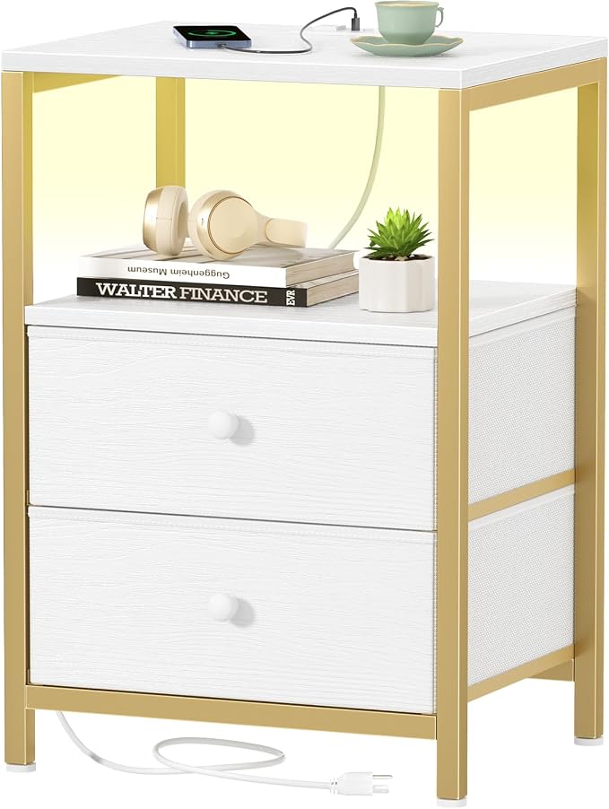 BOLUO Gold Nightstand with Charging Station, LED Night Stand with 2 Fabric Drawers, Bedside Table with USB Ports and Outlets, Nightstand for Bedroom Modern by BOLUO