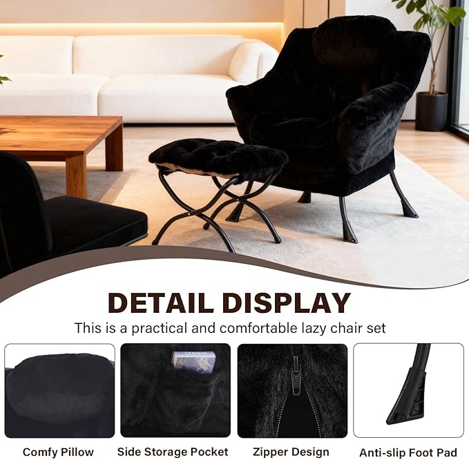 Lazy Chair with Ottoman, Modern Accent Chair Sofa Chair with Armrests, Reading Chair and Folding Footstool for Living Room, Bedroom, Office, Plush Black