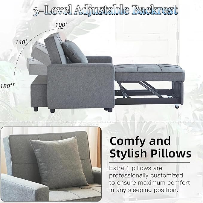 3-in-1 Convertible Sleeper Chair, Pullout Chair with Extra Pillow, Recliner Sofa Bed with 4 Adjustable Angles, Convertible Lazy Sofa Bed for Small Spaces Home Office, Light Gray