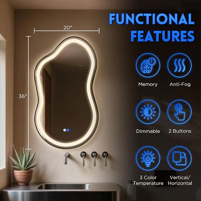 Dorlicecass Irregular Led Bathroom Mirror- Black 20"x36" Single Piece Vanity Mirror with Lights IP54 Enhanced Anti-Fog, 3 Colors Dimmable, Memory,Tempered Glass,UL Listed - Image 5