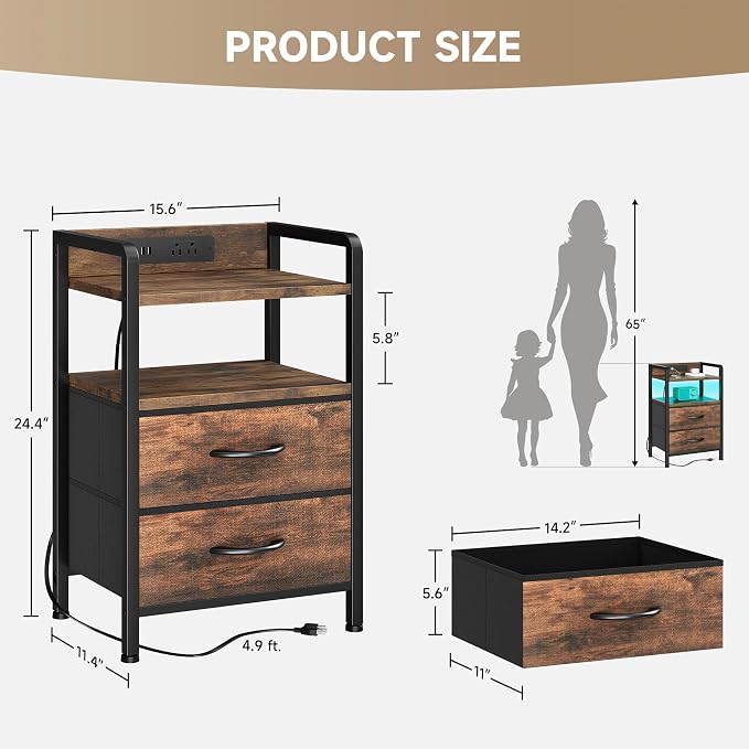 Lazzanto Night Stand Bedside Table Bedroom - Nightstand with Charging Station, Night Stand with LED Light Strip, End Table with U-S-B Ports & AC Outlets, Storage Shelf & 2 Fabric Drawers, Rustic Brown - Image 3