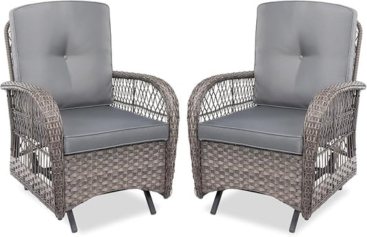 MEETWARM Patio Wicker Rocking Glider Set, All-Weather Outdoor Rattan Patio Rocking Chairs of 2, Patio Conversation Set with Thickened Cushions for Porch Garden & Backyard, Gray