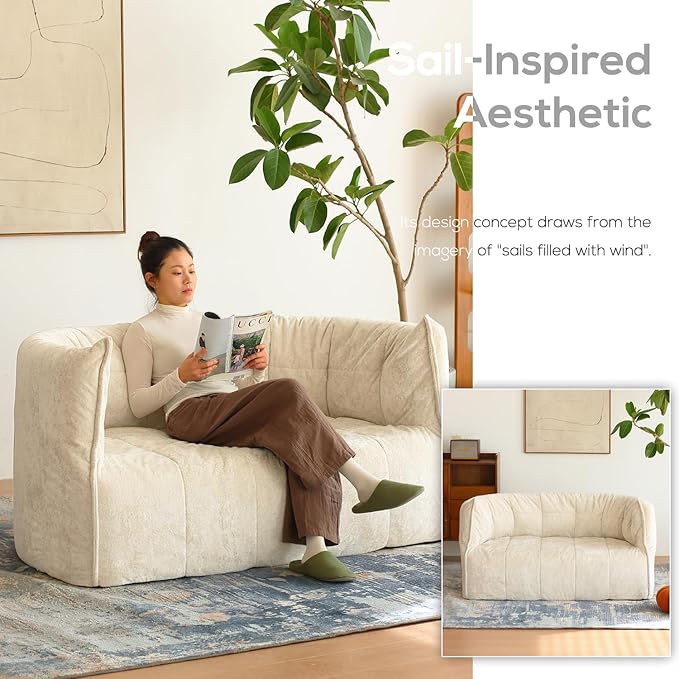 N&V Mid Century Brigantin Deep Relaxation Sofa, Soft Premium Chenille, for Living Room Bedroom and Office (Ivory, ThreeSeater)