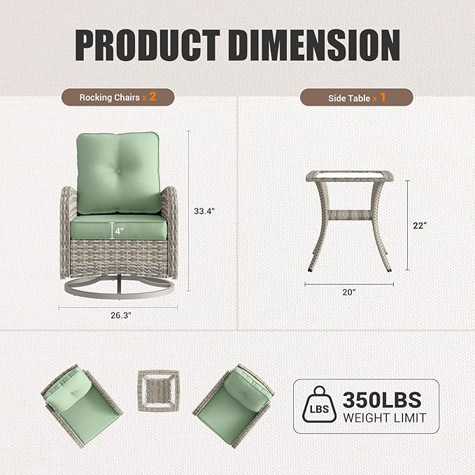 6-Piece Patio Rocking Swivel Chair Outdoor Wicker Rattan Bistro Set with Tempered Glass Side Table, Outdoor Patio Furniture Set for Garden, Deck, and Balcony, Light Green