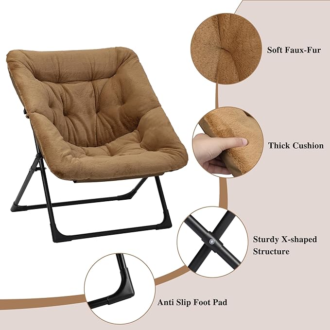 Comfy Saucer Chair for Adults, Soft Faux Fur Bedroom Chair, Accent Dorm Chairs, Flexible Living Room Reading Chairs, Oversized Folding Seat for Teens, X-Large, Brown
