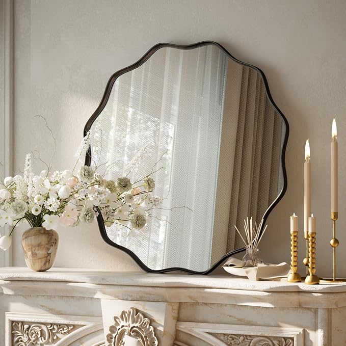 VooBang Black Scalloped Circle Mirror, 20" Wavy Edge Round Wall Mirror with Tempered Glass Textured Circular Metal Deep Frame, Hanging Leaning for Bathroom, Hallway, Entryway, Livng Room - Image 2