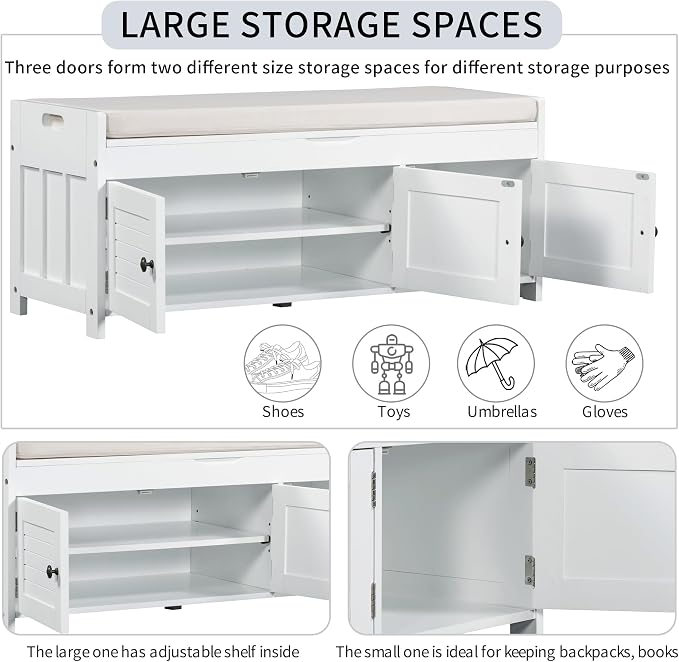 SOFTSEA Storage Bench with 3 Shutter-Shaped Doors Wood Entryway Bench Shoe Bench with Removable Cushion and Hidden Storage - Image 5