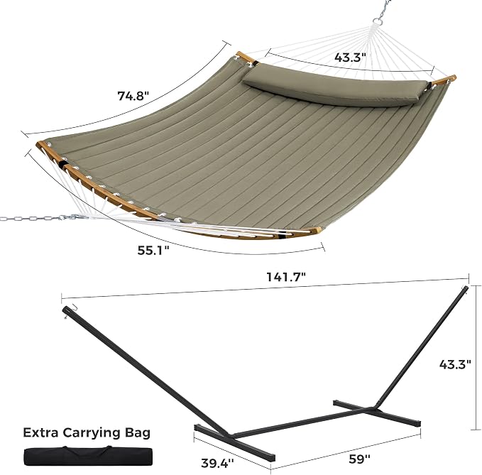 SUPERJARE Curved-Bar Hammock with Stand, 2 Person Heavy Duty Hammock Frame, Detachable Pillow & Portable Carrying Bag, Perfect for Outdoor & Indoor, Olive Gray - Image 8