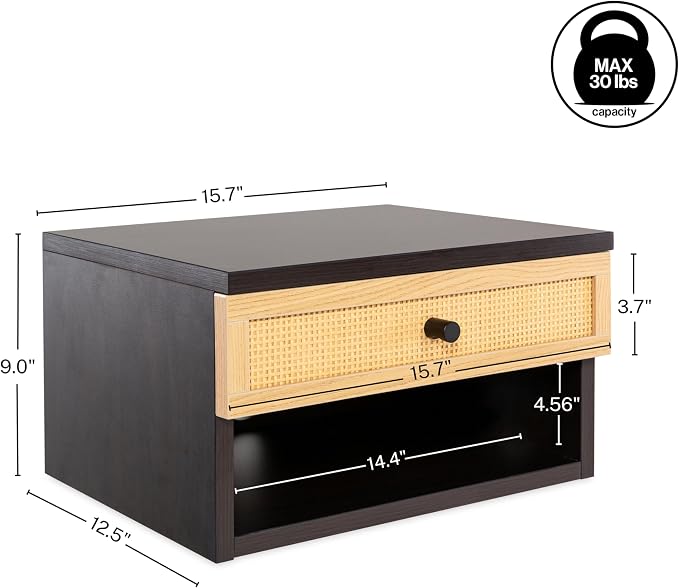 JONATHAN Y NST2000A Celerie 15.71" Mid-Century Modern Floating Wall Mounted Nightstand with Soft-Close Rattan Drawer and Cable Hole, Black/Light Oak - Image 2