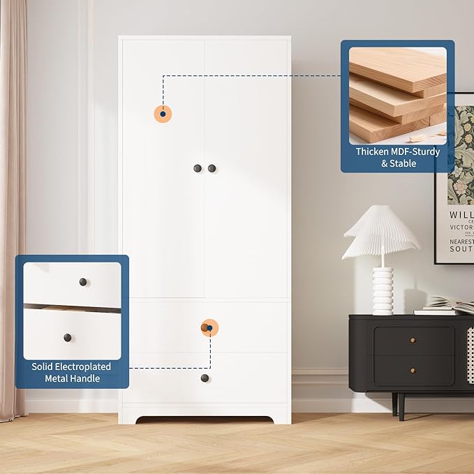 TROPOW Wood Armoire Wardrobe Closet, 71" Wood Clothing Storage Cabinets with 2 Doors, 1 Adjustable Shelf and 2 Drawers, Wardrobe Cabinet with Hanging Rod for Bedroom, Gym, Cloak Room, White