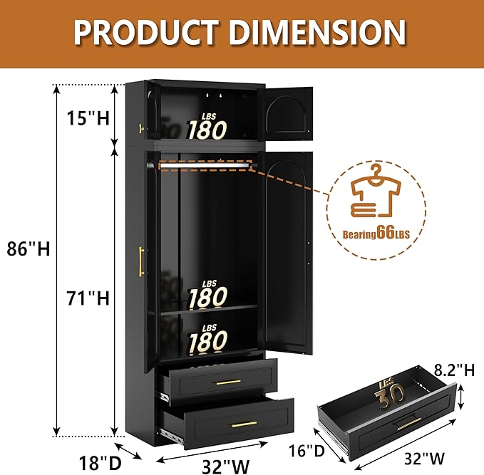 Polup Metal Armoire Wardrobe Cabinet, 86" Tall Wardrobe Closet with Doors, Black Clothing Storage Cabinet with Hanging Rod, Large Armoire for Bedroom, Office, School, Gym