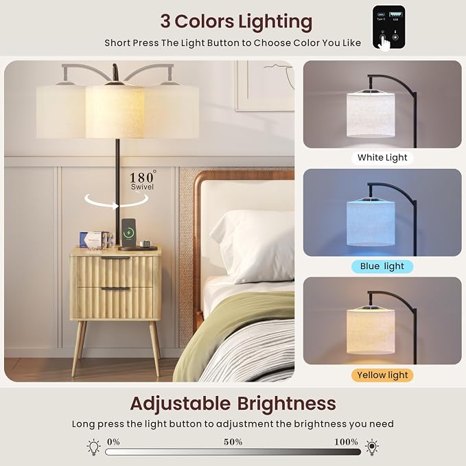 HNEBC Fluted nightstand Set 2 with - with 3-Color Lights and Lampshades,Modern Night Stand with Charging Station,LED Bedside Table with 2 Drawers,Tall Side Table for Bedroom,Natural - Image 3