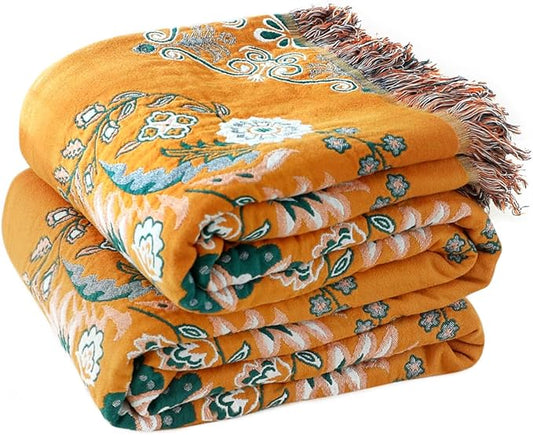 Boho Throw Blanket for Bed 100% Cotton Soft Lightweight Quilt Floral Embroidery Home Decor Spring Breathable Bed Blanket,80"x90" All Season Reversible Yellow Blankets for Sofa Couch Chair