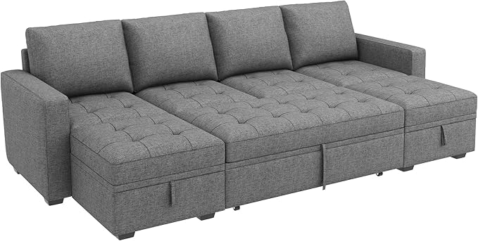 HONBAY Modular Sectional Sleeper Sofa with Pull Out Bed, Linen Convertible L Shaped Couch with Storage Seat, Sectional Couches for Living Room, Grey