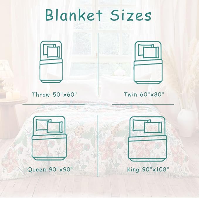 Boho Throw Blanket - 50"x60" 100% Cotton Soft Breathable Lightweight Bed Blanket, Reversible Muslin Spring Blankets Green Floral Farmhouse Decor Rustic Quilt for Bed Couch