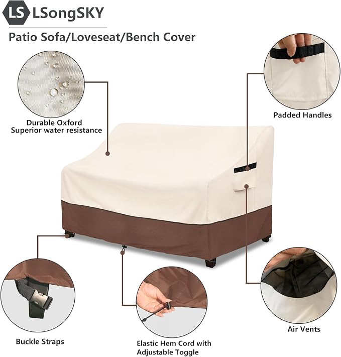 Patio 3-Seater Sofa Cover,Outdoor Couch Cover Fits up to 76W x 32.5D x 33H Inches,100% Waterproof Heavy Duty Patio Furniture Covers,Beige&Brown - Image 4